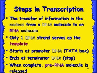 Steps in Transcription The transfer of information in the  nucleus  from a  DNA  molecule to an  RNA  molecule Only 1  DNA  strand serves as the  template Starts at promoter  DNA  (TATA box) Ends at terminator  DNA  (stop) When complete,  pre-RNA  molecule is released 