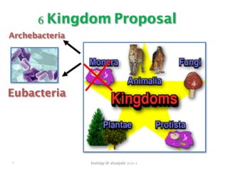 biology dr alsaqabi 2020-4
6 Kingdom Proposal
Archebacteria
Eubacteria
٣
 