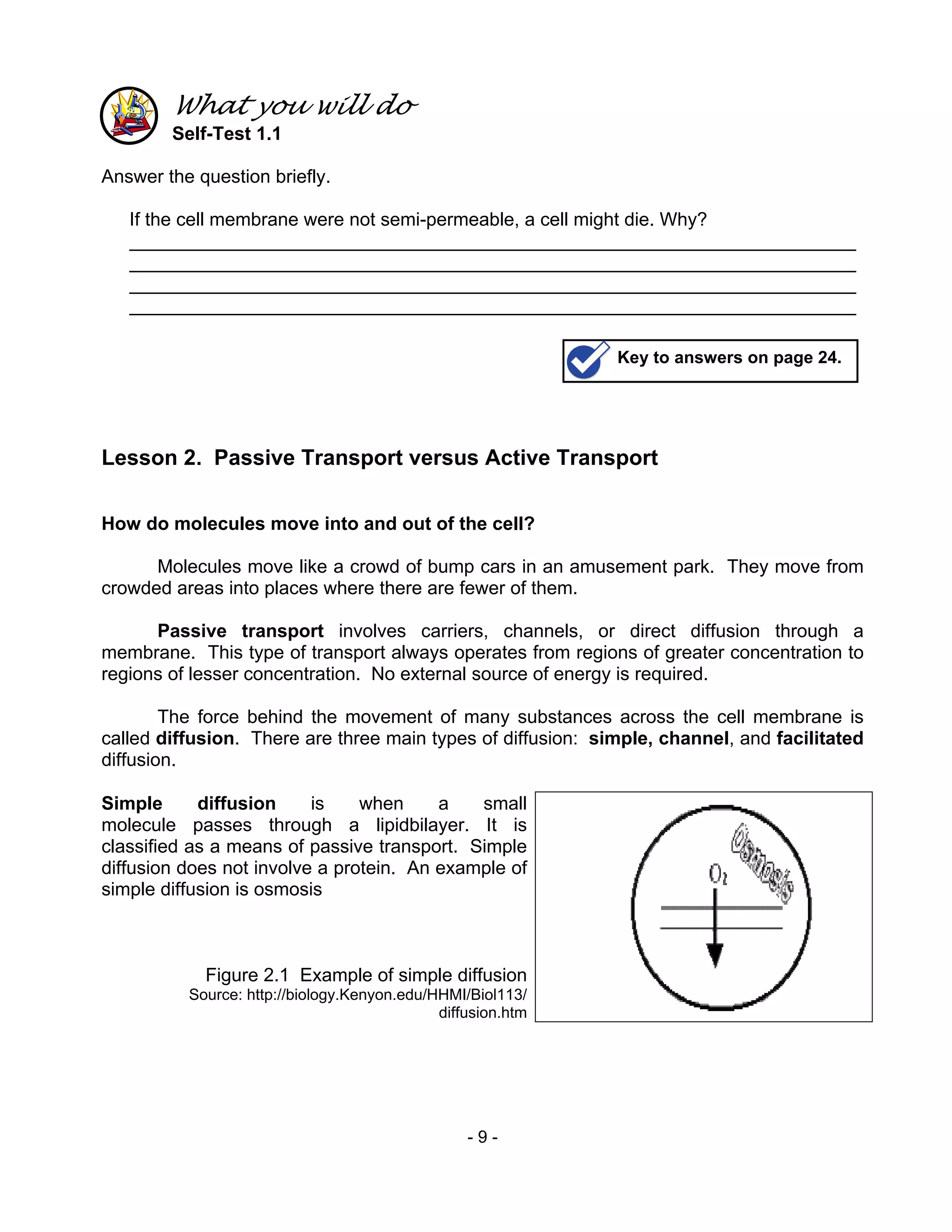 - 9 -
What you will do
Self-Test 1.1
Answer the question briefly.
If the cell membrane were not semi-permeable, a cell might die. Why?
______________________________________________________________________
______________________________________________________________________
______________________________________________________________________
______________________________________________________________________
Lesson 2. Passive Transport versus Active Transport
How do molecules move into and out of the cell?
Molecules move like a crowd of bump cars in an amusement park. They move from
crowded areas into places where there are fewer of them.
Passive transport involves carriers, channels, or direct diffusion through a
membrane. This type of transport always operates from regions of greater concentration to
regions of lesser concentration. No external source of energy is required.
The force behind the movement of many substances across the cell membrane is
called diffusion. There are three main types of diffusion: simple, channel, and facilitated
diffusion.
Simple diffusion is when a small
molecule passes through a lipidbilayer. It is
classified as a means of passive transport. Simple
diffusion does not involve a protein. An example of
simple diffusion is osmosis
Figure 2.1 Example of simple diffusion
Source: http://biology.Kenyon.edu/HHMI/Biol113/
diffusion.htm
Key to answers on page 24.
 
