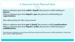 A Name for Each Physical State
When a substance goes from solid to liquid, the process is called melting (or
fusion).
When a substance goes from liquid to gas, the process is called boiling (or
vaporization).
How about going the other way around?
When a substance goes from gas to liquid, the process is called condensation.
When a substance goes from liquid to solid, the process is called freezing (or
solidification).
Note that some substances can go from solid to gas (match) and the process is called sublimation. Going from
gas to solid is called deposition.
 