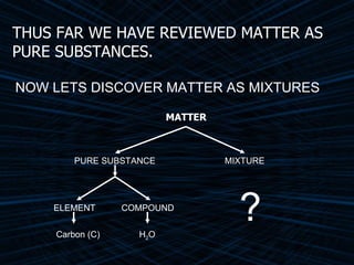MATTER NOW LETS DISCOVER MATTER AS MIXTURES THUS FAR WE HAVE REVIEWED MATTER AS PURE SUBSTANCES. PURE SUBSTANCE ELEMENT COMPOUND Carbon (C) H 2 O MIXTURE ? 