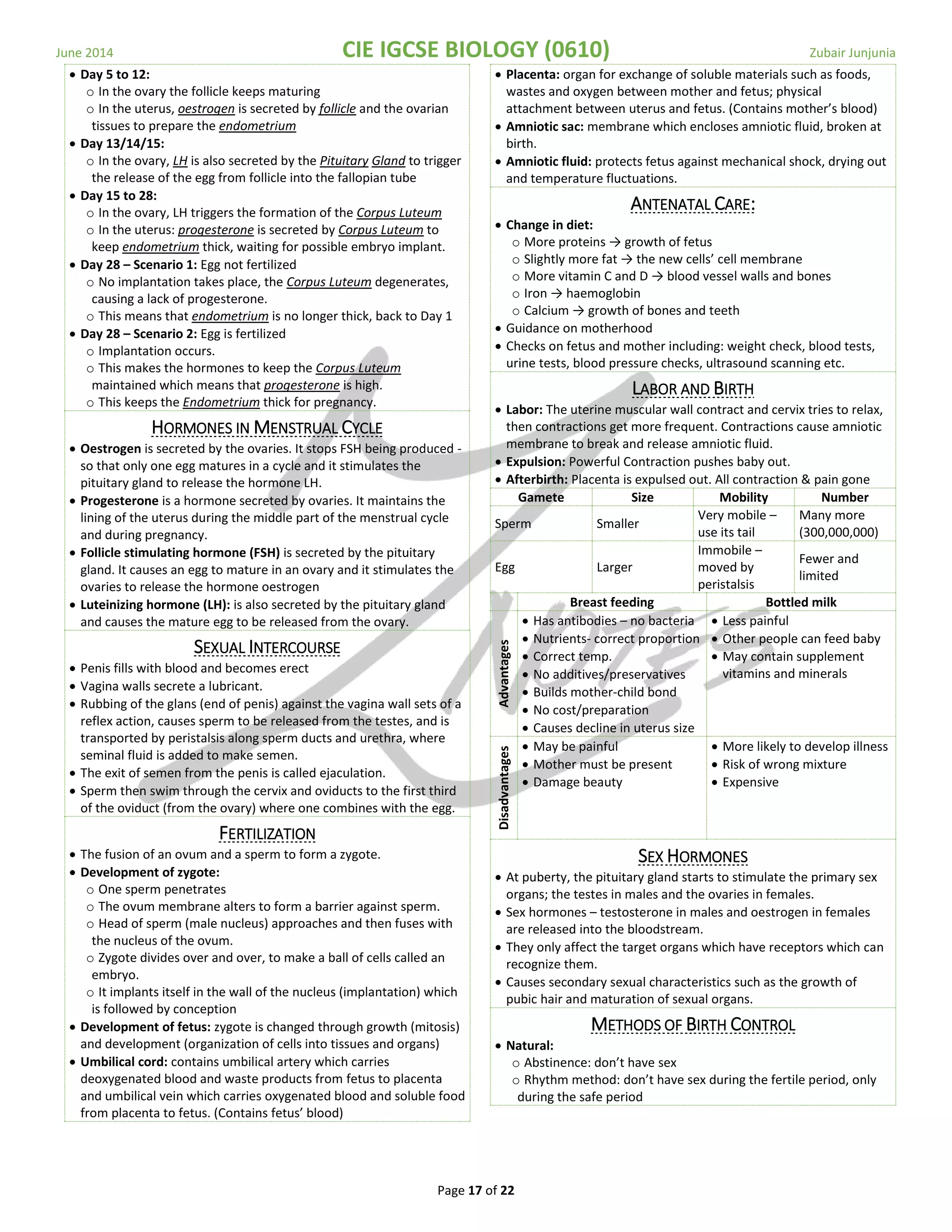 June 2014 CIE IGCSE BIOLOGY (0610) Zubair Junjunia
Page 17 of 22
 Day 5 to 12:
o In the ovary the follicle keeps maturing
o In the uterus, oestrogen is secreted by follicle and the ovarian
tissues to prepare the endometrium
 Day 13/14/15:
o In the ovary, LH is also secreted by the Pituitary Gland to trigger
the release of the egg from follicle into the fallopian tube
 Day 15 to 28:
o In the ovary, LH triggers the formation of the Corpus Luteum
o In the uterus: progesterone is secreted by Corpus Luteum to
keep endometrium thick, waiting for possible embryo implant.
 Day 28 – Scenario 1: Egg not fertilized
o No implantation takes place, the Corpus Luteum degenerates,
causing a lack of progesterone.
o This means that endometrium is no longer thick, back to Day 1
 Day 28 – Scenario 2: Egg is fertilized
o Implantation occurs.
o This makes the hormones to keep the Corpus Luteum
maintained which means that progesterone is high.
o This keeps the Endometrium thick for pregnancy.
HORMONES IN MENSTRUAL CYCLE
 Oestrogen is secreted by the ovaries. It stops FSH being produced -
so that only one egg matures in a cycle and it stimulates the
pituitary gland to release the hormone LH.
 Progesterone is a hormone secreted by ovaries. It maintains the
lining of the uterus during the middle part of the menstrual cycle
and during pregnancy.
 Follicle stimulating hormone (FSH) is secreted by the pituitary
gland. It causes an egg to mature in an ovary and it stimulates the
ovaries to release the hormone oestrogen
 Luteinizing hormone (LH): is also secreted by the pituitary gland
and causes the mature egg to be released from the ovary.
SEXUAL INTERCOURSE
 Penis fills with blood and becomes erect
 Vagina walls secrete a lubricant.
 Rubbing of the glans (end of penis) against the vagina wall sets of a
reflex action, causes sperm to be released from the testes, and is
transported by peristalsis along sperm ducts and urethra, where
seminal fluid is added to make semen.
 The exit of semen from the penis is called ejaculation.
 Sperm then swim through the cervix and oviducts to the first third
of the oviduct (from the ovary) where one combines with the egg.
FERTILIZATION
 The fusion of an ovum and a sperm to form a zygote.
 Development of zygote:
o One sperm penetrates
o The ovum membrane alters to form a barrier against sperm.
o Head of sperm (male nucleus) approaches and then fuses with
the nucleus of the ovum.
o Zygote divides over and over, to make a ball of cells called an
embryo.
o It implants itself in the wall of the nucleus (implantation) which
is followed by conception
 Development of fetus: zygote is changed through growth (mitosis)
and development (organization of cells into tissues and organs)
 Umbilical cord: contains umbilical artery which carries
deoxygenated blood and waste products from fetus to placenta
and umbilical vein which carries oxygenated blood and soluble food
from placenta to fetus. (Contains fetus’ blood)
 Placenta: organ for exchange of soluble materials such as foods,
wastes and oxygen between mother and fetus; physical
attachment between uterus and fetus. (Contains mother’s blood)
 Amniotic sac: membrane which encloses amniotic fluid, broken at
birth.
 Amniotic fluid: protects fetus against mechanical shock, drying out
and temperature fluctuations.
ANTENATAL CARE:
 Change in diet:
o More proteins → growth of fetus
o Slightly more fat → the new cells’ cell membrane
o More vitamin C and D → blood vessel walls and bones
o Iron → haemoglobin
o Calcium → growth of bones and teeth
 Guidance on motherhood
 Checks on fetus and mother including: weight check, blood tests,
urine tests, blood pressure checks, ultrasound scanning etc.
LABOR AND BIRTH
 Labor: The uterine muscular wall contract and cervix tries to relax,
then contractions get more frequent. Contractions cause amniotic
membrane to break and release amniotic fluid.
 Expulsion: Powerful Contraction pushes baby out.
 Afterbirth: Placenta is expulsed out. All contraction & pain gone
Gamete Size Mobility Number
Sperm Smaller
Very mobile –
use its tail
Many more
(300,000,000)
Egg Larger
Immobile –
moved by
peristalsis
Fewer and
limited
Breast feeding Bottled milk
Advantages
 Has antibodies – no bacteria
 Nutrients- correct proportion
 Correct temp.
 No additives/preservatives
 Builds mother-child bond
 No cost/preparation
 Causes decline in uterus size
 Less painful
 Other people can feed baby
 May contain supplement
vitamins and minerals
Disadvantages
 May be painful
 Mother must be present
 Damage beauty
 More likely to develop illness
 Risk of wrong mixture
 Expensive
SEX HORMONES
 At puberty, the pituitary gland starts to stimulate the primary sex
organs; the testes in males and the ovaries in females.
 Sex hormones – testosterone in males and oestrogen in females
are released into the bloodstream.
 They only affect the target organs which have receptors which can
recognize them.
 Causes secondary sexual characteristics such as the growth of
pubic hair and maturation of sexual organs.
METHODS OF BIRTH CONTROL
 Natural:
o Abstinence: don’t have sex
o Rhythm method: don’t have sex during the fertile period, only
during the safe period
 