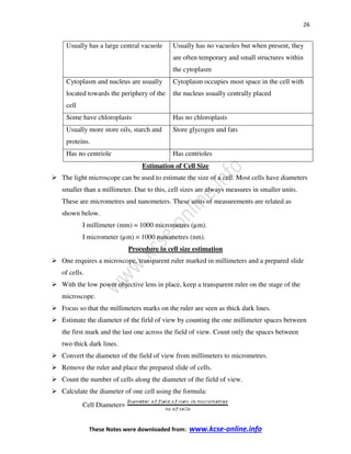 26
These Notes were downloaded from: www.kcse-online.info
Usually has a large central vacuole Usually has no vacuoles but when present, they
are often temporary and small structures within
the cytoplasm
Cytoplasm and nucleus are usually
located towards the periphery of the
cell
Cytoplasm occupies most space in the cell with
the nucleus usually centrally placed
Some have chloroplasts Has no chloroplasts
Usually more store oils, starch and
proteins.
Store glycogen and fats
Has no centriole Has centrioles
Estimation of Cell Size
The light microscope can be used to estimate the size of a cell. Most cells have diameters
smaller than a millimeter. Due to this, cell sizes are always measures in smaller units.
These are micrometres and nanometers. These units of measurements are related as
shown below.
I millimeter (mm) = 1000 micrometres (µm).
I micrometer (µm) = 1000 nanometres (nm).
Procedure in cell size estimation
One requires a microscope, transparent ruler marked in millimeters and a prepared slide
of cells.
With the low power objective lens in place, keep a transparent ruler on the stage of the
microscope.
Focus so that the millimeters marks on the ruler are seen as thick dark lines.
Estimate the diameter of the firld of view by counting the one millimeter spaces between
the first mark and the last one across the field of view. Count only the spaces between
two thick dark lines.
Convert the diameter of the field of view from millimeters to micrometres.
Remove the ruler and place the prepared slide of cells.
Count the number of cells along the diameter of the field of view.
Calculate the diameter of one cell using the formula:
Cell Diameter=
 