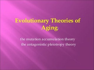 Evolutionary Theories of
Aging:
the mutation accumulation theory
the antagonistic pleiotropy theory
 
