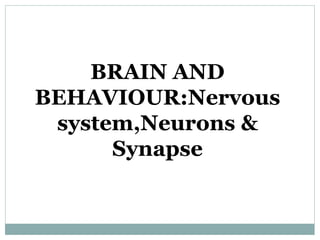 BRAIN AND
BEHAVIOUR:Nervous
system,Neurons &
Synapse
 