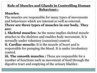 Role of Muscles and Glands in Controlling Human
Behaviour:-
Muscles:
The muscles are responsible for many types of movements
and behaviours which are internal as well as external.
There are three types of muscles in our body. They
are:
i. Skeletal muscles: As the name implies skeletal muscle
attaches to the skeleton and enables body movement. It is
normally under voluntary (conscious) control.
ii. Cardiac muscle: It is the muscle of heart and is
responsible for pumping the blood. It is under involuntary
control.
iii. The smooth muscles : These are responsible for a
number of functions such as movement of food through the
digestive tract and emptying of the urinary bladder.
 