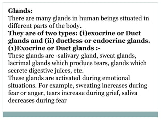 Glands:
There are many glands in human beings situated in
different parts of the body.
They are of two types: (i)exocrine or Duct
glands and (ii) ductless or endocrine glands.
(1)Exocrine or Duct glands :-
These glands are -salivary gland, sweat glands,
lacrimal glands which produce tears, glands which
secrete digestive juices, etc.
These glands are activated during emotional
situations. For example, sweating increases during
fear or anger, tears increase during grief, saliva
decreases during fear
 