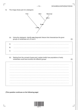 20EP12
– 12 – M16/4/BIOLO/HP2/ENG/TZ0/XX
4. The image shows part of a cladogram.
Fish			 Bird Mammal

(a) Using the cladogram, identify one diagnostic feature that characterizes the given
groups of vertebrates at A, B and C. [3]
A: . . . . . . . . . . . . . . . . . . . . . . . . . . . . . . . . . . . . . . . . . . . . . . . . . . . . . . . . . . . . . . . . . . . . . 
B: . . . . . . . . . . . . . . . . . . . . . . . . . . . . . . . . . . . . . . . . . . . . . . . . . . . . . . . . . . . . . . . . . . . . . 
C: . . . . . . . . . . . . . . . . . . . . . . . . . . . . . . . . . . . . . . . . . . . . . . . . . . . . . . . . . . . . . . . . . . . . . 
(b) Starting from the concept of gene pool, explain briefly how populations of early
vertebrates could have evolved into different groups. [3]
. . . . . . . . . . . . . . . . . . . . . . . . . . . . . . . . . . . . . . . . . . . . . . . . . . . . . . . . . . . . . . . . . . . . . . . . . . 
. . . . . . . . . . . . . . . . . . . . . . . . . . . . . . . . . . . . . . . . . . . . . . . . . . . . . . . . . . . . . . . . . . . . . . . . . . 
. . . . . . . . . . . . . . . . . . . . . . . . . . . . . . . . . . . . . . . . . . . . . . . . . . . . . . . . . . . . . . . . . . . . . . . . . . 
. . . . . . . . . . . . . . . . . . . . . . . . . . . . . . . . . . . . . . . . . . . . . . . . . . . . . . . . . . . . . . . . . . . . . . . . . . 
. . . . . . . . . . . . . . . . . . . . . . . . . . . . . . . . . . . . . . . . . . . . . . . . . . . . . . . . . . . . . . . . . . . . . . . . . . 
. . . . . . . . . . . . . . . . . . . . . . . . . . . . . . . . . . . . . . . . . . . . . . . . . . . . . . . . . . . . . . . . . . . . . . . . . . 
. . . . . . . . . . . . . . . . . . . . . . . . . . . . . . . . . . . . . . . . . . . . . . . . . . . . . . . . . . . . . . . . . . . . . . . . . . 
. . . . . . . . . . . . . . . . . . . . . . . . . . . . . . . . . . . . . . . . . . . . . . . . . . . . . . . . . . . . . . . . . . . . . . . . . . 
(This question continues on the following page)
 