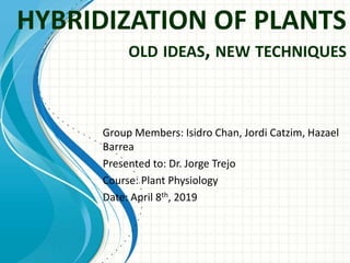 HYBRIDIZATION OF PLANTS
OLD IDEAS, NEW TECHNIQUES
Group Members: Isidro Chan, Jordi Catzim, Hazael
Barrea
Presented to: Dr. Jorge Trejo
Course: Plant Physiology
Date: April 8th, 2019
 