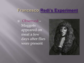 Francesco Redi’s ExperimentObserved – Maggots appeared on meat a few days after flies were present