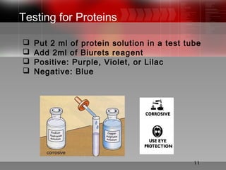 11
Testing for Proteins
 Put 2 ml of protein solution in a test tube
 Add 2ml of Biurets reagent
 Positive: Purple, Violet, or Lilac
 Negative: Blue
 