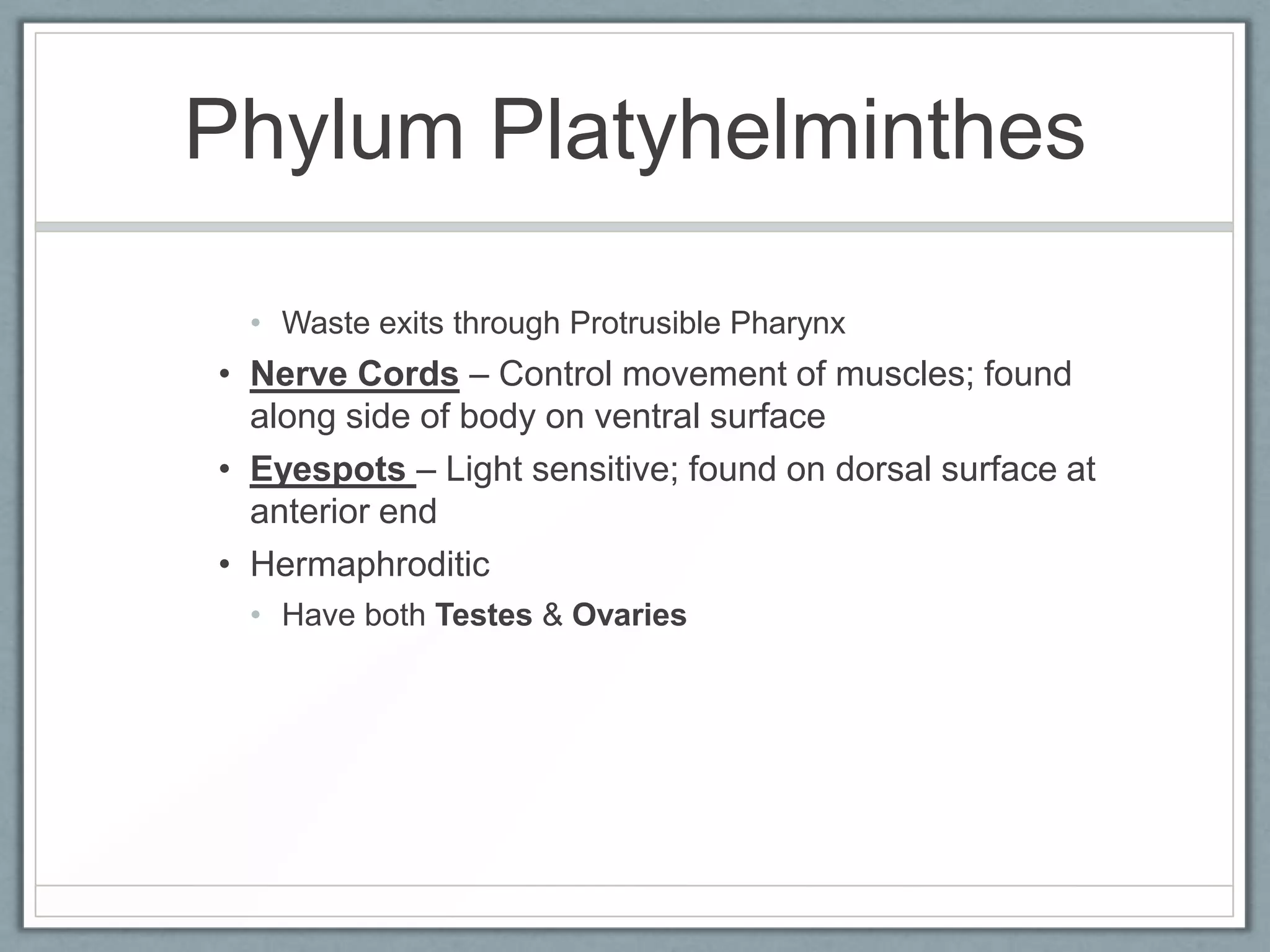 Phylum Platyhelminthes

  • Waste exits through Protrusible Pharynx
• Nerve Cords – Control movement of muscles; found
  along side of body on ventral surface
• Eyespots – Light sensitive; found on dorsal surface at
  anterior end
• Hermaphroditic
  • Have both Testes & Ovaries
 