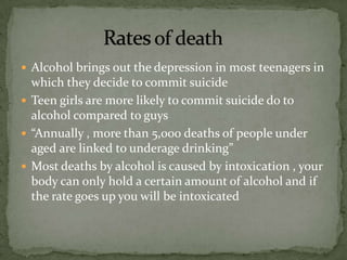  Alcohol brings out the depression in most teenagers in
  which they decide to commit suicide
 Teen girls are more likely to commit suicide do to
  alcohol compared to guys
 “Annually , more than 5,000 deaths of people under
  aged are linked to underage drinking”
 Most deaths by alcohol is caused by intoxication , your
  body can only hold a certain amount of alcohol and if
  the rate goes up you will be intoxicated
 