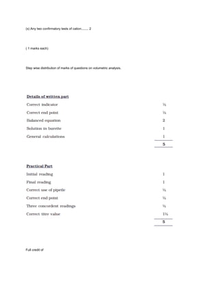 (x) Any two confirmatory tests of cation........ 2




( 1 marks each)




Step wise distribution of marks of questions on volumetric analysis.




Full credit of
 