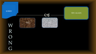 
W
R
O
N
G
YES NO
TRY AGAIN
SORRY
 