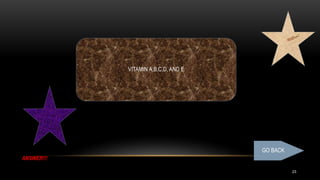 23
ANSWER!!!
VITAMIN A,B,C,D, AND E
GO BACK
 