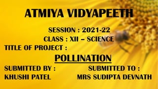 SESSION : 2021-22
CLASS : XII – SCIENCE
TITLE OF PROJECT :
POLLINATION
SUBMITTED BY : SUBMITTED TO :
KHUSHI PATEL MRS SUDIPTA DEVNATH
 