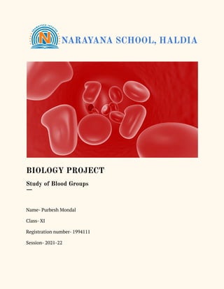 NARAYANA SCHOOL, HALDIA
BIOLOGY PROJECT
Study of Blood Groups
—
Name- Purbesh Mondal
Class- XI
Registration number- 1994111
Session- 2021-22
 