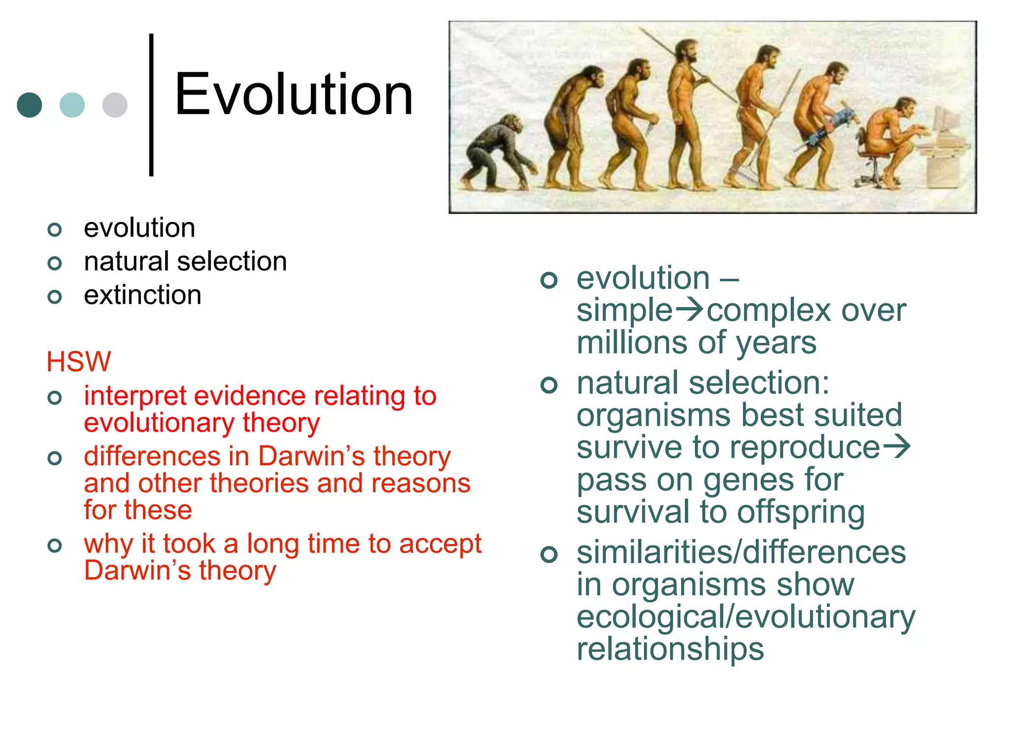 Evolution

   evolution
   natural selection
   extinction
                                         evolution –
                                          simplecomplex over
                                          millions of years
HSW
 interpret evidence relating to
                                         natural selection:
  evolutionary theory                     organisms best suited
 differences in Darwin’s theory          survive to reproduce
  and other theories and reasons          pass on genes for
  for these                               survival to offspring
 why it took a long time to accept
  Darwin’s theory
                                         similarities/differences
                                          in organisms show
                                          ecological/evolutionary
                                          relationships
 