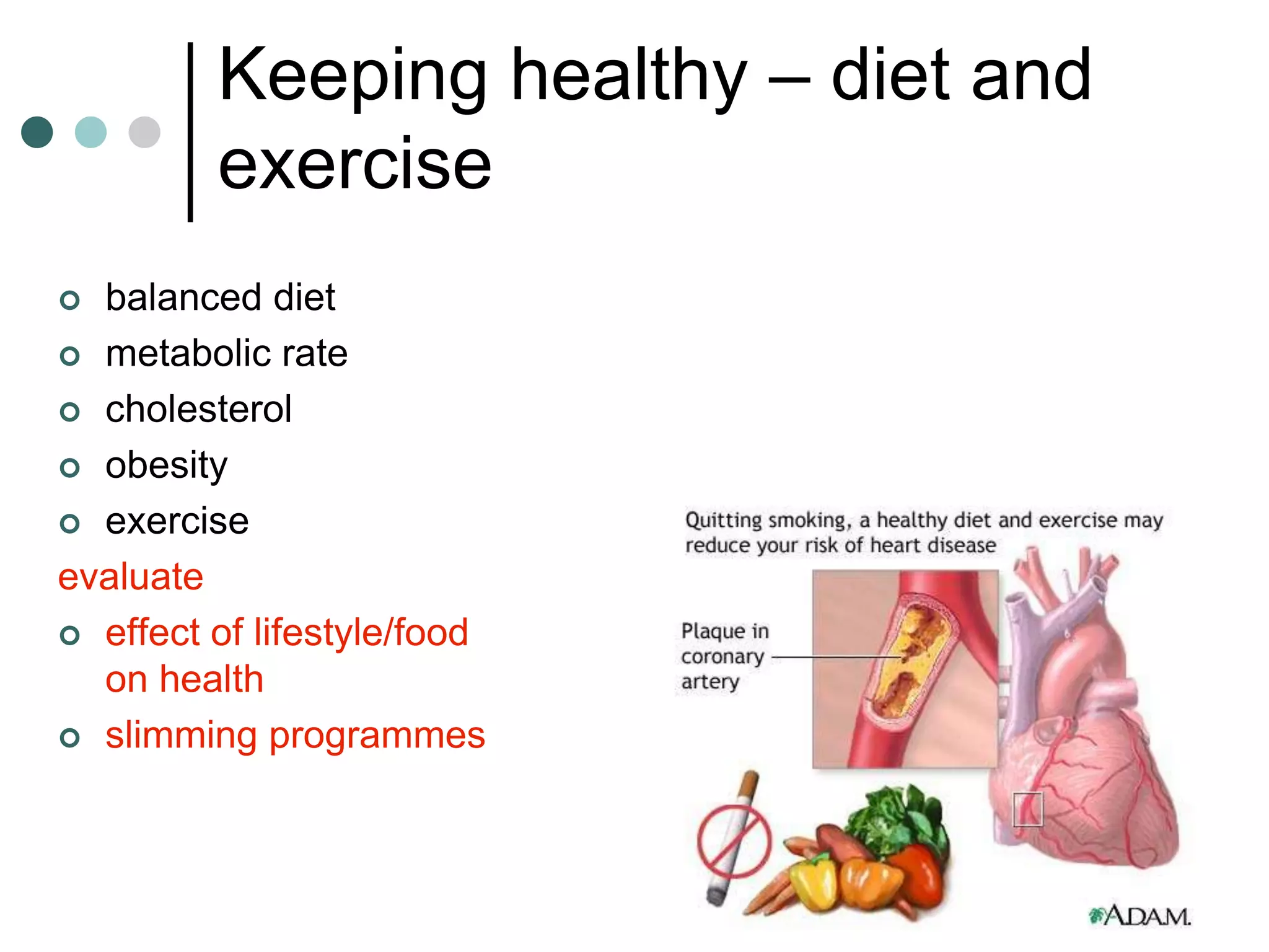 Keeping healthy – diet and
         exercise
 balanced diet
 metabolic rate

 cholesterol

 obesity

 exercise

evaluate
 effect of lifestyle/food
  on health
 slimming programmes
 