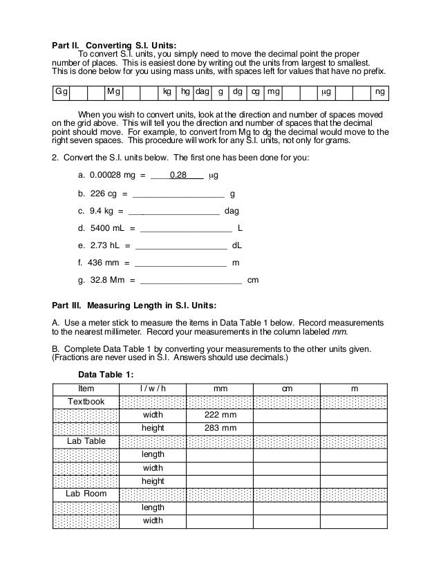 biology si units lab tenth hundredth thousandth chart