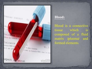 Blood:
Blood is a connective
tissue which is
composed of a fluid
matrix (plasma) and
formed elements.
 