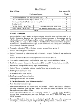 5
PRACTICALS
Time: 03 hours Max. Marks: 30
Evaluation Scheme Marks
One Major Experiment Part A (Experiment No- 1,3,7,8) 5
One Minor Experiment Part A (Experiment No- 6,9,10,11,12,13) 4
Slide Preparation Part A (Experiment No- 2,4,5) 5
Spotting Part B 7
Practical Record + Viva Voce Credit to the students’ work over
the academic session may be given
4
Project Record + Viva Voce 5
Total 30
A: List of Experiments
1. Study and describe three locally available common flowering plants, one from each of the
families Solanaceae, Fabaceae and Liliaceae (Poaceae, Asteraceae or Brassicaceae can be
substituted in case of particular geographical location) including dissection and display of floral
whorls, anther and ovary to show number of chambers (floral formulae and floral diagrams).
Types of root (Tap and adventitious); types of stem (herbaceous and woody); leaf (arrangement,
shape, venation, simple and compound).
2. Preparation and study of T.S. of dicot and monocot roots and stems (primary).
3. Study of osmosis by potato osmometer.
4. Study of plasmolysis in epidermal peels (e.g. Rhoeo/lily leaves or flashy scale leaves of onion
bulb).
5. Study of distribution of stomata in the upper and lower surfaces of leaves.
6. Comparative study of the rates of transpiration in the upper and lower surface of leaves.
7. Test for the presence of sugar, starch, proteins and fats in suitable plant and animal materials.
8. Separation of plant pigments through paper chromatography.
9. Study of the rate of respiration in flower buds/leaf tissue and germinating seeds.
10. Test for presence of urea in urine.
11. Test for presence of sugar in urine.
12. Test for presence of albumin in urine.
13. Test for presence of bile salts in urine.
B. Careful observation of the following (spotting):
1. Parts of a compound microscope.
2. Specimens/slides/models and identification with reasons - Bacteria, Oscillatoria, Spirogyra,
Rhizopus, mushroom, yeast, liverwort, moss, fern, pine, one monocotyledonous plant, one
dicotyledonous plant and one lichen.
3. Virtual specimens/slides/models and identifying features of - Amoeba, Hydra, liverfluke,
Ascaris, leech, earthworm, prawn, silkworm, honeybee, snail, starfish, shark, rohu, frog, lizard,
pigeon and rabbit.
4. Tissues and diversity in shape and size of plant cells (palisade cells, guard cells, parenchyma,
collenchyma, sclerenchyma, xylem and phloem) through temporary and permanent slides.
 