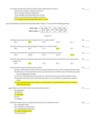 21) Atoms whose outer electron shells contain eight electrons tend to                                      21) ______
             A) form ionic bonds in aqueous solutions.
             B) be isotopes and very radioactive.
             C) be unstable and chemically very reactive.
             D) form covalent bonds in aqueous solutions.
             E) be stable and chemically nonreactive, or inert.

Use the information extracted f rom the periodic table in Figure 2.2 to answer the following questions.




                                                              Figure 2.2

       22) How many electrons does nitrogen have in its valence shell?                                            22) ______
             A) 2              B) 5                C) 8                           D) 14                   E) 7

       23) How many electrons does phosphorus have in its valence shell?                                          23) ______
             A) 2              B) 3              C) 4                  D) 5                               E) 1

       24) How many neutrons are present in the nucleus of a phosphorus atom?                                     24) ______
             A) 8             B) 46                C) 31              D) 15                               E) 16

       25) How many electrons would be expected in the outermost electron shell of an atom with atomic            25) ______
           number 12?
             A) 8              B) 2               C) 6                D) 1                 E) 4

       26) A covalent chemical bond is one in which                                                               26) ______
             A) outer-shell electrons of one atom are transferred to the inner electron shells of another atom.
              B) electrons are removed from one atom and transferred to another atom so that the two atoms
                 become oppositely charged.
             C) the inner-shell electrons of one atom are transferred to the outer shell of another atom.
             D) protons and neutrons are shared by two atoms so as to satisfy the requirements of both
                 atoms.
              E) outer-shell electrons of two atoms are shared so as to satisfactorily fill the outer electron
                 shells of both atoms.

       27) What do atoms form when they share electron pairs?                                                     27) ______
            A) aggregates
            B) elements
            C) molecules
            D) ions
            E) isotopes

       28) What results from an unequal sharing of electrons between atoms?                                       28) ______
            A) a hydrogen bond
            B) a nonpolar covalent bond
            C) a hydrophobic interaction
            D) a polar covalent bond
            E) an ionic bond
 
