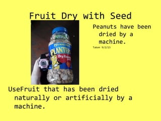 Fruit Dry with Seed
UseFruit that has been dried
naturally or artificially by a
machine.
Peanuts have been
dried by a
machine.
Taken 9/2/13
 