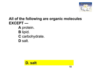 18
All of the following are organic molecules
EXCEPT —
A protein.
B lipid.
C carbohydrate.
D salt.
D. salt
 