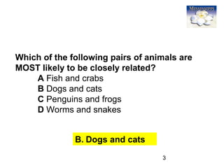 3
Which of the following pairs of animals are
MOST likely to be closely related?
A Fish and crabs
B Dogs and cats
C Penguins and frogs
D Worms and snakes
B. Dogs and cats
 
