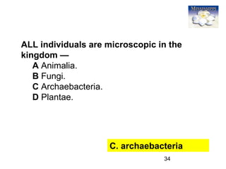34
ALL individuals are microscopic in the
kingdom —
A Animalia.
B Fungi.
C Archaebacteria.
D Plantae.
C. archaebacteria
 