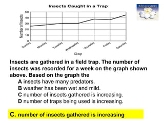56
Insects are gathered in a field trap. The number of
insects was recorded for a week on the graph shown
above. Based on the graph the
A insects have many predators.
B weather has been wet and mild.
C number of insects gathered is increasing.
D number of traps being used is increasing.
C. number of insects gathered is increasing
 