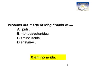 6
Proteins are made of long chains of —
A lipids.
B monosaccharides.
C amino acids.
D enzymes.
C amino acids.
 