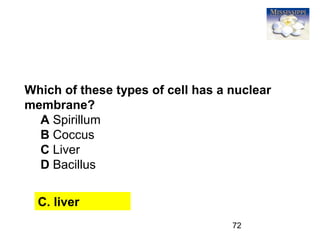 72
Which of these types of cell has a nuclear
membrane?
A Spirillum
B Coccus
C Liver
D Bacillus
C. liver
 