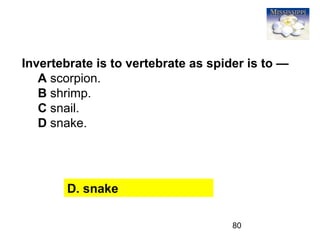 80
Invertebrate is to vertebrate as spider is to —
A scorpion.
B shrimp.
C snail.
D snake.
D. snake
 