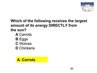 86
Which of the following receives the largest
amount of its energy DIRECTLY from
the sun?
A Carrots
B Eggs
C Wolves
D Chickens
A. Carrots
 