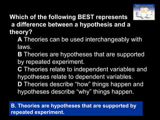 73
Which of the following BEST represents
a difference between a hypothesis and a
theory?
A Theories can be used interchangeably with
laws.
B Theories are hypotheses that are supported
by repeated experiment.
C Theories relate to independent variables and
hypotheses relate to dependent variables.
D Theories describe “how” things happen and
hypotheses describe “why” things happen.
B. Theories are hypotheses that are supported by
repeated experiment.
 
