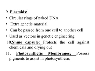 9. Plasmids:
• Circular rings of naked DNA
• Extra genetic material
• Can be passed from one cell to another cell
• Used as vectors in genetic engineering
10.Slime capsule: Protects the cell against
chemicals and drying out
11. Photosynthetic Membranes: Possess
pigments to assist in photosynthesis
 
