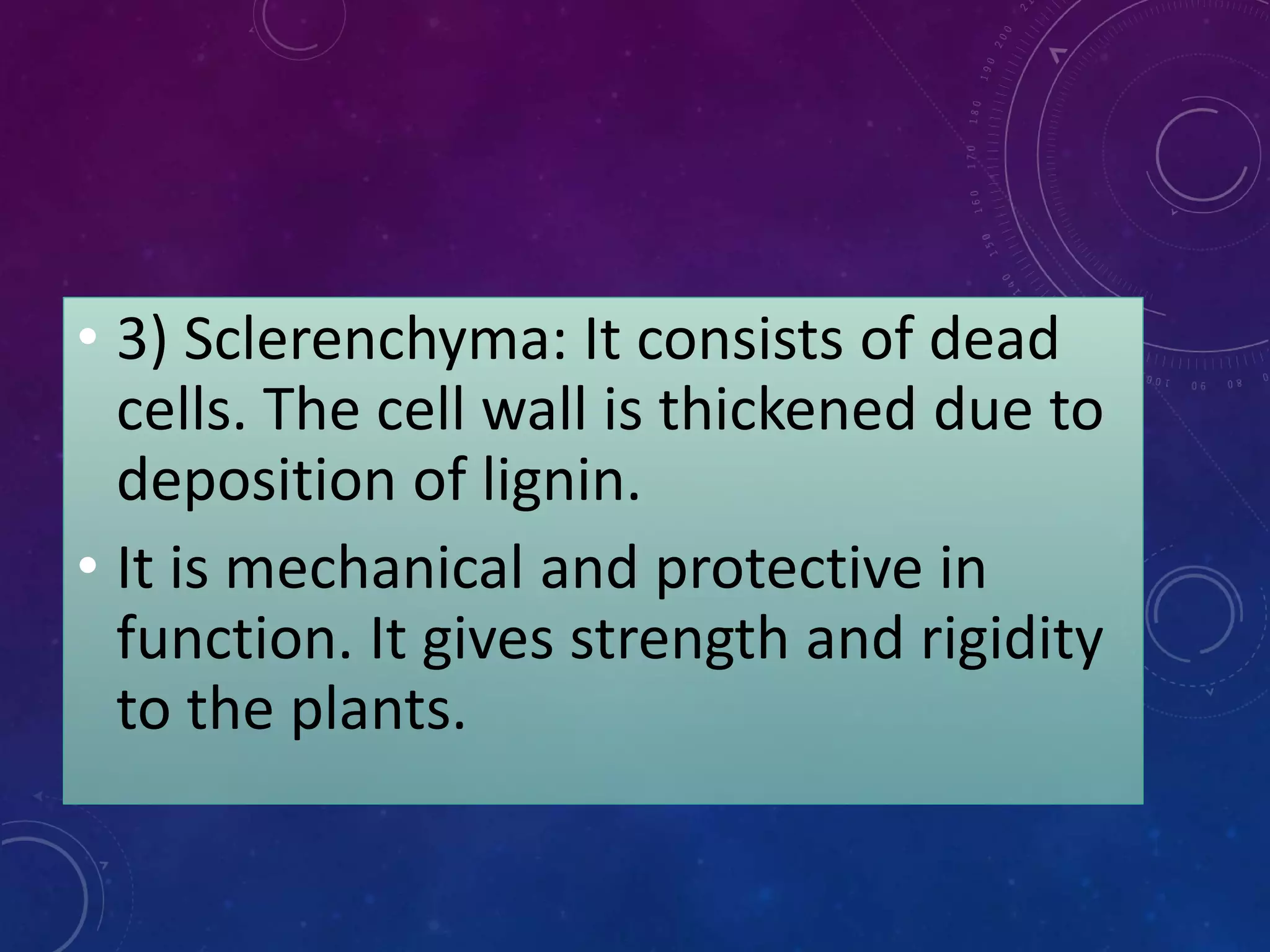 • 3) Sclerenchyma: It consists of dead
cells. The cell wall is thickened due to
deposition of lignin.
• It is mechanical and protective in
function. It gives strength and rigidity
to the plants.
 