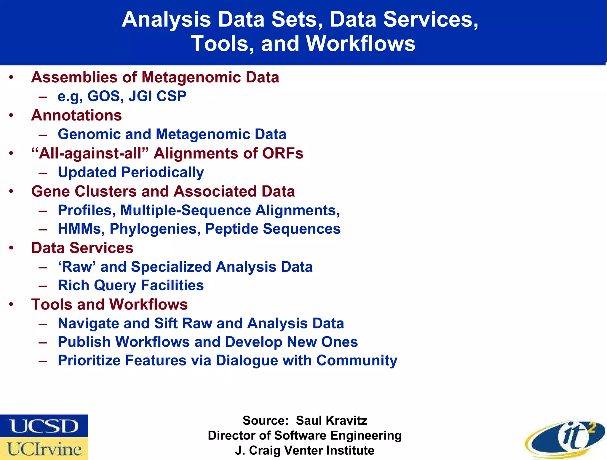 Analysis Data Sets, Data Services,  Tools, and Workflows Assemblies of Metagenomic Data e.g, GOS, JGI CSP Annotations Genomic and Metagenomic Data “ All-against-all” Alignments of ORFs Updated Periodically Gene Clusters and Associated Data Profiles, Multiple-Sequence Alignments,  HMMs, Phylogenies, Peptide Sequences Data Services ‘ Raw’ and Specialized Analysis Data Rich Query Facilities Tools and Workflows Navigate and Sift Raw and Analysis Data Publish Workflows and Develop New Ones Prioritize Features via Dialogue with Community Source:  Saul Kravitz Director of Software Engineering J. Craig Venter Institute 