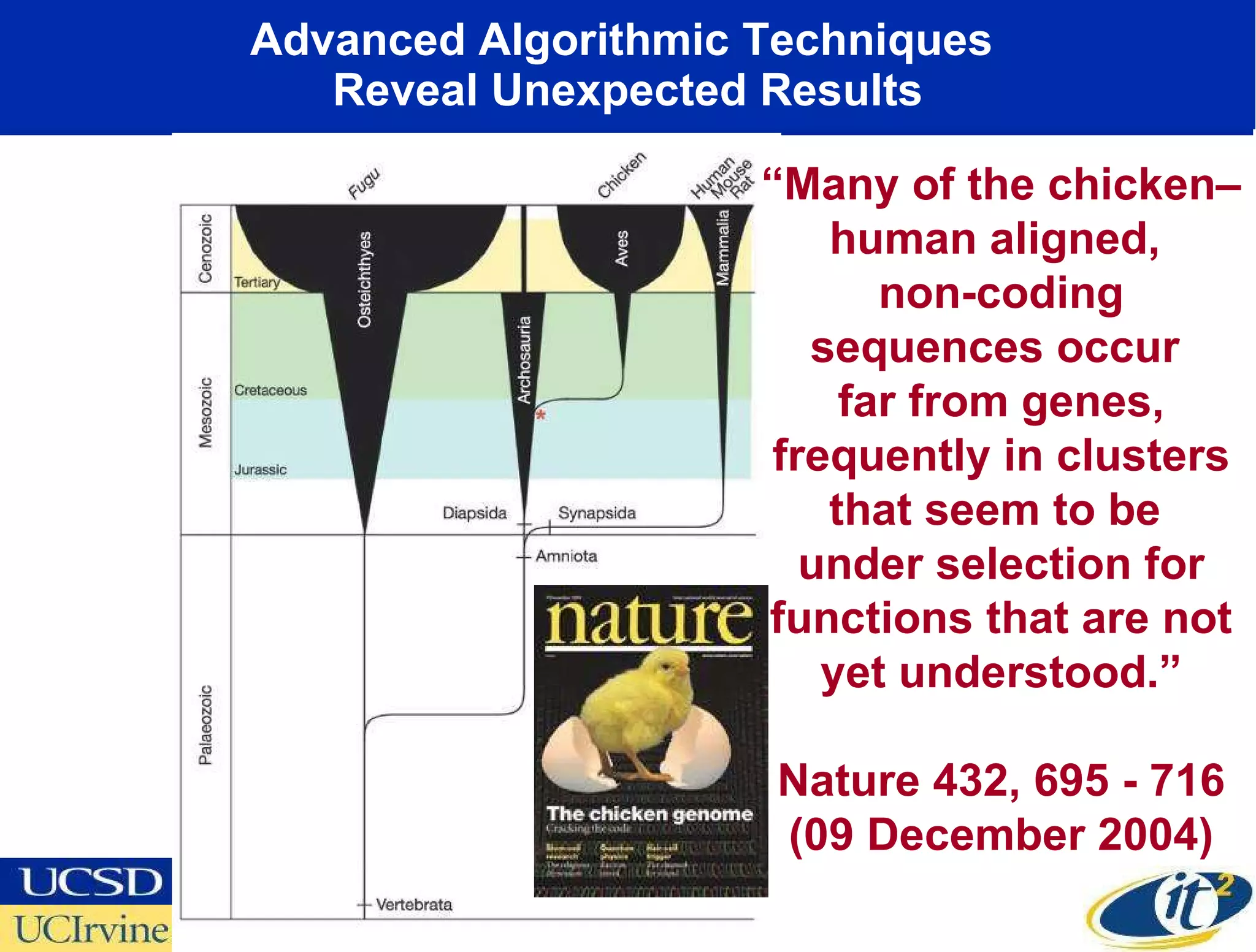 Advanced Algorithmic Techniques  Reveal Unexpected Results “ Many of the chicken–human aligned,  non-coding sequences occur  far from genes, frequently in clusters that seem to be  under selection for functions that are not yet understood.” Nature 432, 695 - 716 (09 December 2004) 