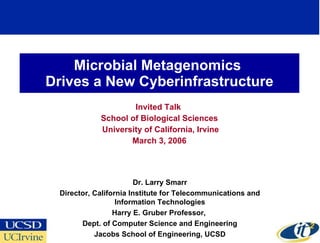 Microbial Metagenomics  Drives a New Cyberinfrastructure Invited Talk  School of Biological Sciences University of California, Irvine March 3, 2006 Dr. Larry Smarr Director, California Institute for Telecommunications and Information Technologies Harry E. Gruber Professor,  Dept. of Computer Science and Engineering Jacobs School of Engineering, UCSD 