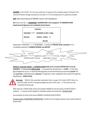 CALORY: 1 cal= 4,187 j. It’s not very used now. It expresses the energetic power of food.It’s the
amount of Caloric Energy necessary to increase in 1°C the temperature of 1 gramme of water
ATP: Basic biomolecule of ENERGY used in cell metabolism
B) If there isn’t O2 => ANAEROBIC ReSPIRATION in the cytoplasm  FERMENTATION
(yeats/muscle) (glucose not completely break down)
Respiration in MUSCLES => 1st
ANAEROBIC => produces PYRUVIC ACID (alcohol) => it is
completely oxidized to CARBON DIOXIDE and WATER
Extreme muscular activity => PYRUVIC ACID builds up in a muscle FASTER than it can be
OXIDIZED => it turns into LACTIC ACID => removed into bloodstream => LIVER => In the liver,
gluconeogenesis occurs. It reverses both glycolysis and fermentation by converting lactate first
into pyruvate, and finally back to glucose. The glucose is then supplied to the muscles through the
bloodstream (CORI CYCLE)
Cori cycle While In the anaerobic respiration there is a gain of 2 moles of ATP, there is a
cost of 6 moles of ATP in the gluconeogenesis part of the cycle. => The cycle can’t be
sustained continuously
After exercise =>HIGH LEVEL of O2 consumption PERSISTS until the excess of LACTIC ACID is
oxidized => Volume of O2 needed to complete oxidize the lactid acid : OXYGEN DEBT
Accumulation of Lactic acid causes CRAMPS and MUSCULAR FATIGUE
Disadvantages of ANAEROBIC RESPIRATION: *produces less energy/ produces toxic waste products
(lactid acid)
enzymes
C6H12O6 2C2H5OH+2 CO2+ 118kj
Glucose alcohol carbon E
dioxide
 