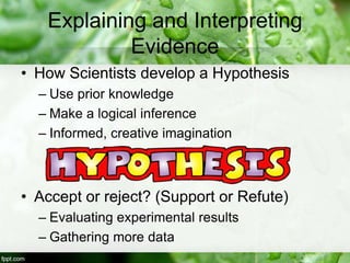 Explaining and Interpreting
Evidence
• How Scientists develop a Hypothesis
– Use prior knowledge
– Make a logical inference
– Informed, creative imagination
• Accept or reject? (Support or Refute)
– Evaluating experimental results
– Gathering more data
 