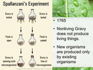 • 1765
• Nonliving Gravy
does not produce
living things.
• New organisms
are produced only
by existing
organisms
 