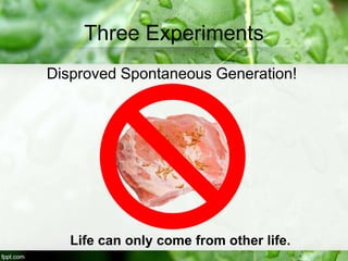 Disproved Spontaneous Generation!
Life can only come from other life.
Three Experiments
 