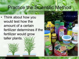 Practice the Scientific Method
• Think about how you
would test how the
amount of a certain
fertilizer determines if the
fertilizer would grow
taller plants.
 