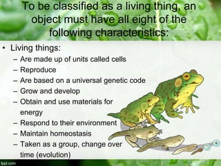 To be classified as a living thing, an
object must have all eight of the
following characteristics:
• Living things:
– Are made up of units called cells
– Reproduce
– Are based on a universal genetic code
– Grow and develop
– Obtain and use materials for
energy
– Respond to their environment
– Maintain homeostasis
– Taken as a group, change over
time (evolution)
 