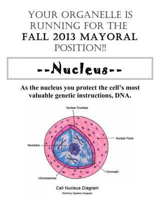 Your organelle is
running for the
fall 2013 MaYoral
Position!!

--Nucleus-As the nucleus you protect the cell’s most
valuable genetic instructions, DNA.

 